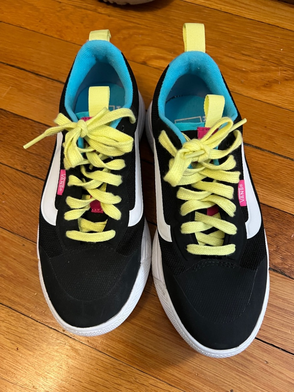 Vans Black Sneakers with Yellow Laces and Turquoise Lining